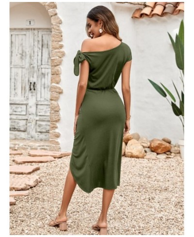 Spring/summer 2023 Women's Casual Knitted Dress with Oblique Neck and Waist Split Summer Dress Women $38.41 - Dresses