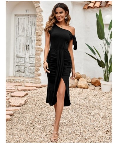 Spring/summer 2023 Women's Casual Knitted Dress with Oblique Neck and Waist Split Summer Dress Women $38.41 - Dresses