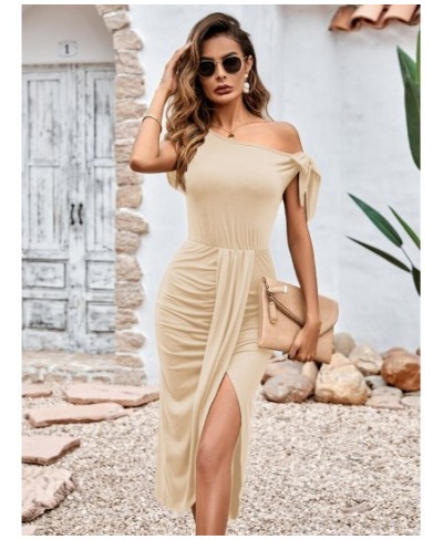 Spring/summer 2023 Women's Casual Knitted Dress with Oblique Neck and Waist Split Summer Dress Women $38.41 - Dresses