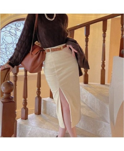 Vintage Corduroy Split Midi Skirt Women Autumn Bodycon High Waist Sexy Solid Belt Pencil Skirt Elegant 90s Aesthetic $39.35 -...