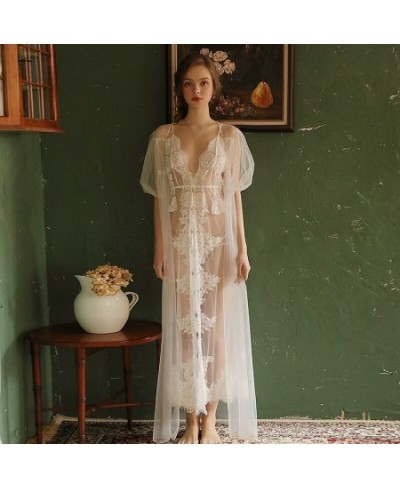 Sleep Wear Women Dress Long Lace Robe Vintage Nightown Nightwear Elegant Bathrobe See Through Sheer Bridesmaid Robes Long Dre...