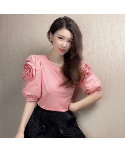 T-shirts Korean Fashion O Neck Puff Sleeve Three-dimensional Flowers Puff Sleeve Tshirt Retro Goth Women's Tee Shirt $34.31 -...