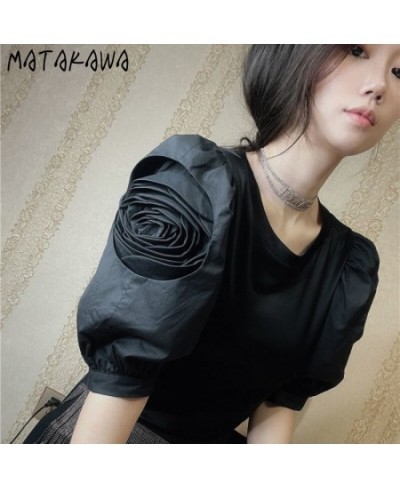 T-shirts Korean Fashion O Neck Puff Sleeve Three-dimensional Flowers Puff Sleeve Tshirt Retro Goth Women's Tee Shirt $34.31 -...