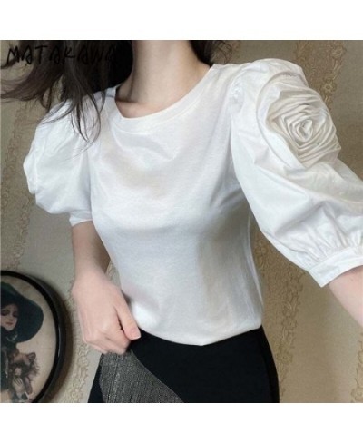 T-shirts Korean Fashion O Neck Puff Sleeve Three-dimensional Flowers Puff Sleeve Tshirt Retro Goth Women's Tee Shirt $34.31 -...