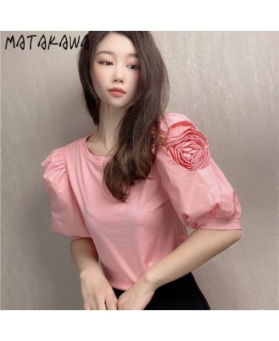 T-shirts Korean Fashion O Neck Puff Sleeve Three-dimensional Flowers Puff Sleeve Tshirt Retro Goth Women's Tee Shirt $34.31 -...