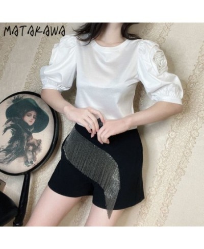 T-shirts Korean Fashion O Neck Puff Sleeve Three-dimensional Flowers Puff Sleeve Tshirt Retro Goth Women's Tee Shirt $34.31 -...