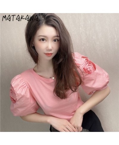 T-shirts Korean Fashion O Neck Puff Sleeve Three-dimensional Flowers Puff Sleeve Tshirt Retro Goth Women's Tee Shirt $34.31 -...