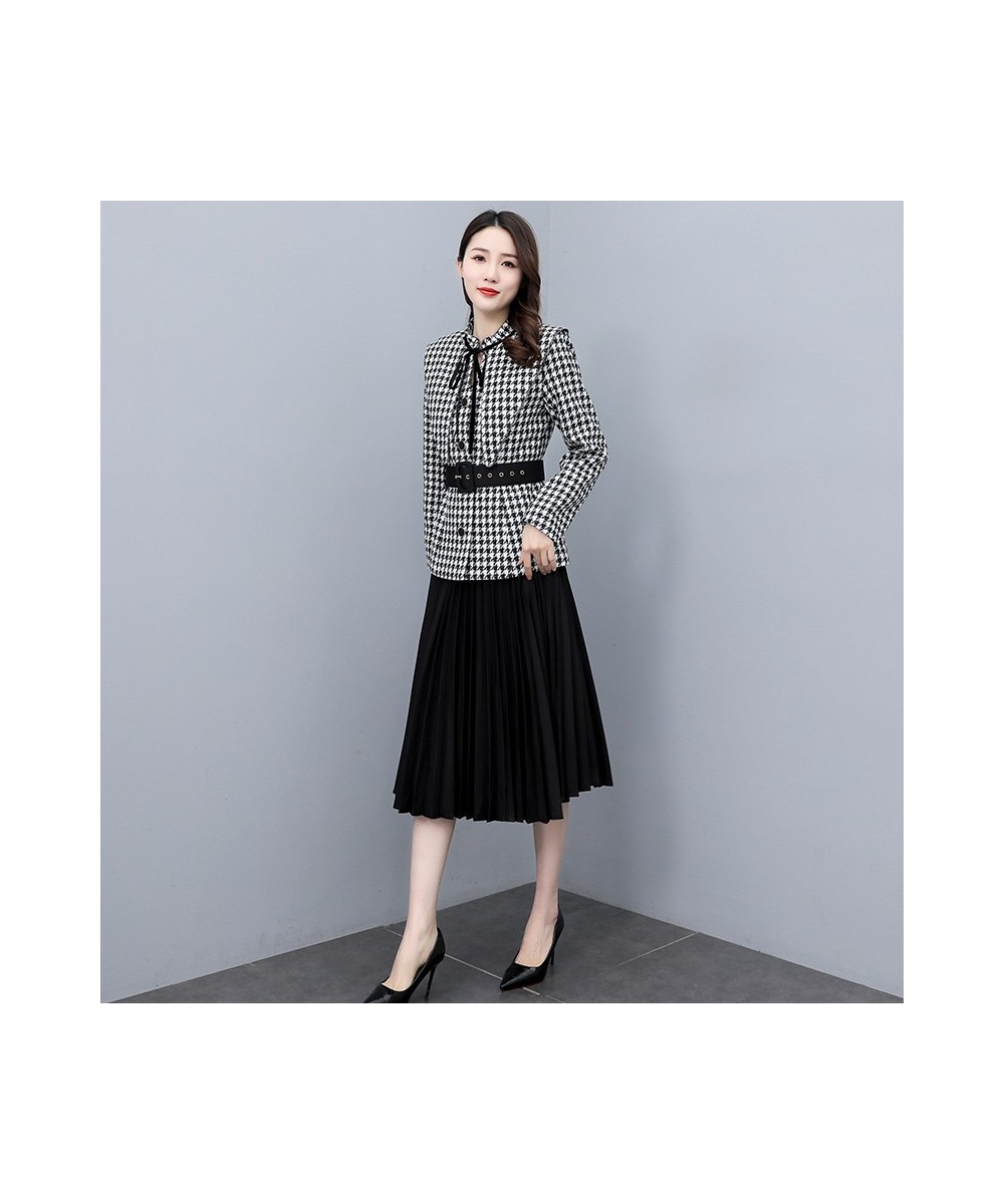 Casual Office Women Houndstooth Sashes Blazer Autumn Elegant High Waist Pleated Female Mid Skirt Suits Fashion Long Sleeve Su...