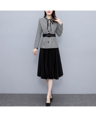 Casual Office Women Houndstooth Sashes Blazer Autumn Elegant High Waist Pleated Female Mid Skirt Suits Fashion Long Sleeve Su...