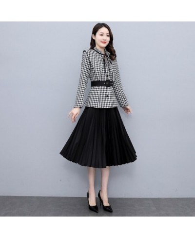 Casual Office Women Houndstooth Sashes Blazer Autumn Elegant High Waist Pleated Female Mid Skirt Suits Fashion Long Sleeve Su...