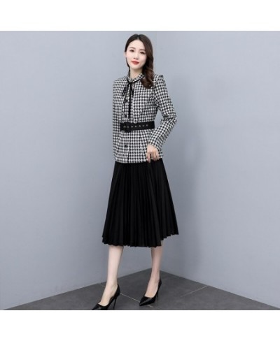 Casual Office Women Houndstooth Sashes Blazer Autumn Elegant High Waist Pleated Female Mid Skirt Suits Fashion Long Sleeve Su...