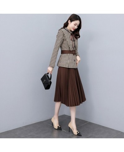 Casual Office Women Houndstooth Sashes Blazer Autumn Elegant High Waist Pleated Female Mid Skirt Suits Fashion Long Sleeve Su...