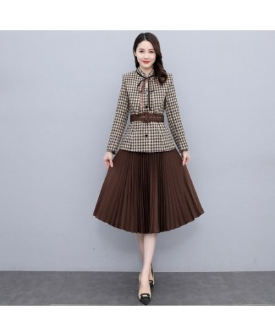 Casual Office Women Houndstooth Sashes Blazer Autumn Elegant High Waist Pleated Female Mid Skirt Suits Fashion Long Sleeve Su...