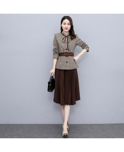 Casual Office Women Houndstooth Sashes Blazer Autumn Elegant High Waist Pleated Female Mid Skirt Suits Fashion Long Sleeve Su...