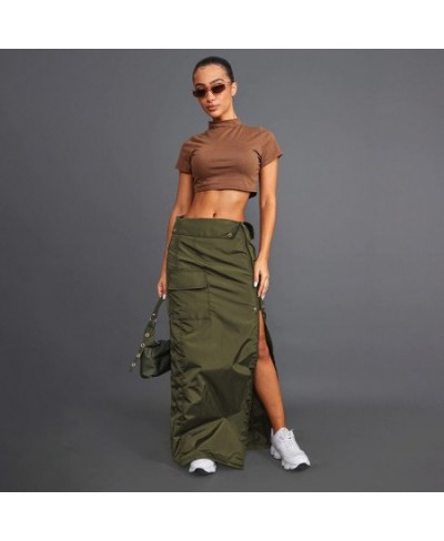 Cargo Skirt Long Women Y2k Streetwear Harajuku Green Casual Low Waist Split Zipper Pocket Patchwork Maxi Skirt Korean $37.33 ...