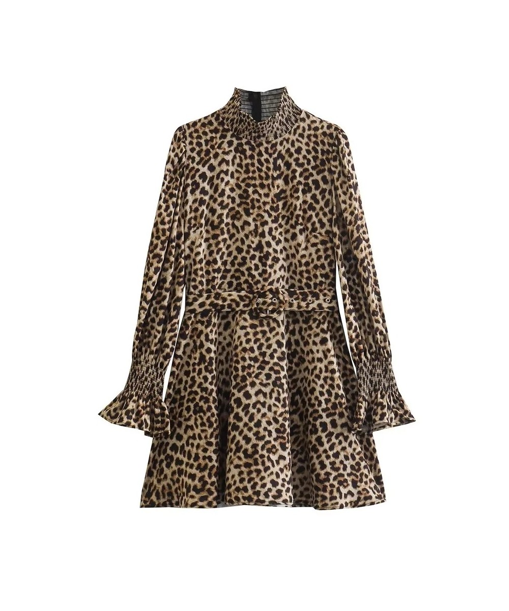 Leopard Print Short Dresses For Women Vintage Mini Dress Woman Ruffle Long Sleeve Casual Women's Dresses Autumn Winter 2023 $...