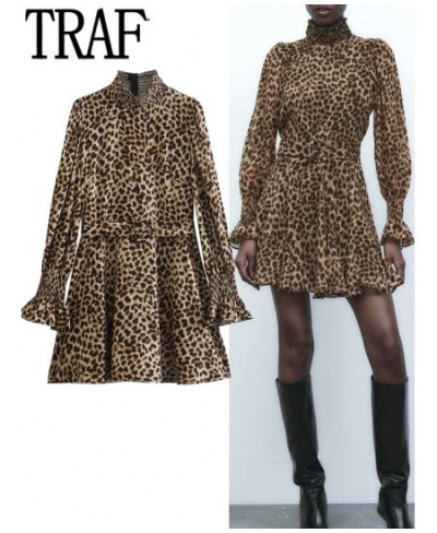 Leopard Print Short Dresses For Women Vintage Mini Dress Woman Ruffle Long Sleeve Casual Women's Dresses Autumn Winter 2023 $...