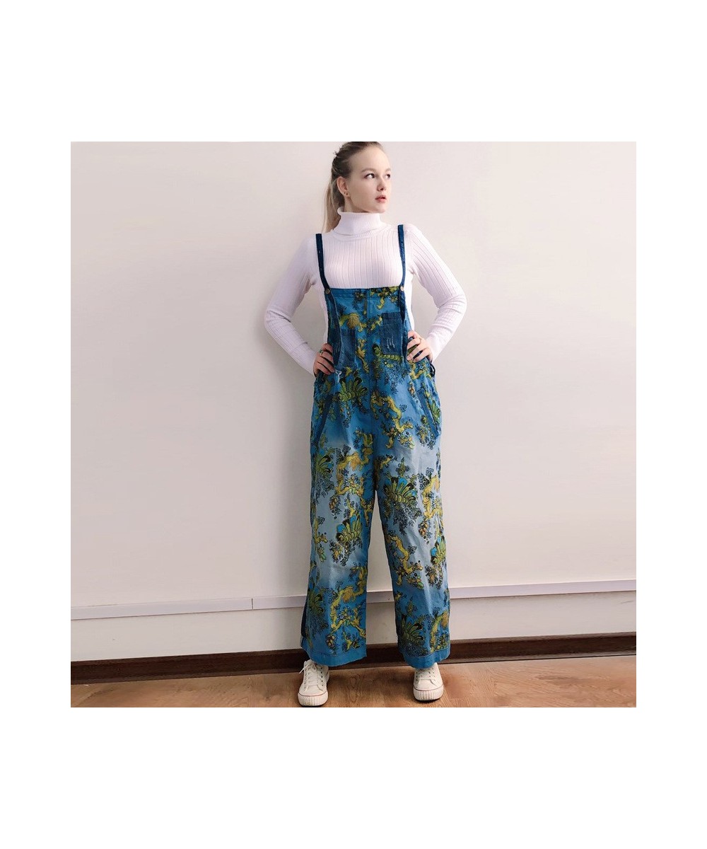 Women Printed Vintage Denim Jumpsuits Ladies Loose Print Spliced Wide Leg Overalls Denim Pants Trousers Female Denim Rompers ...