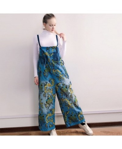 Women Printed Vintage Denim Jumpsuits Ladies Loose Print Spliced Wide Leg Overalls Denim Pants Trousers Female Denim Rompers ...