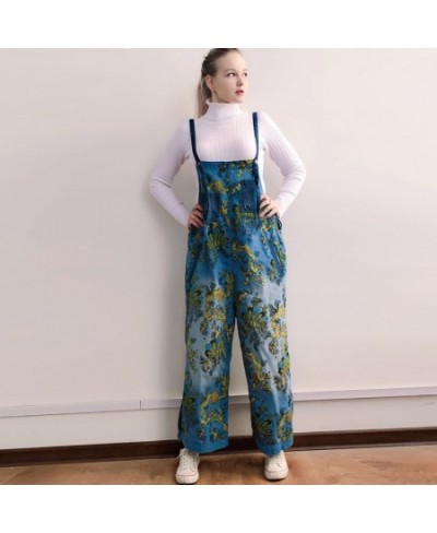 Women Printed Vintage Denim Jumpsuits Ladies Loose Print Spliced Wide Leg Overalls Denim Pants Trousers Female Denim Rompers ...