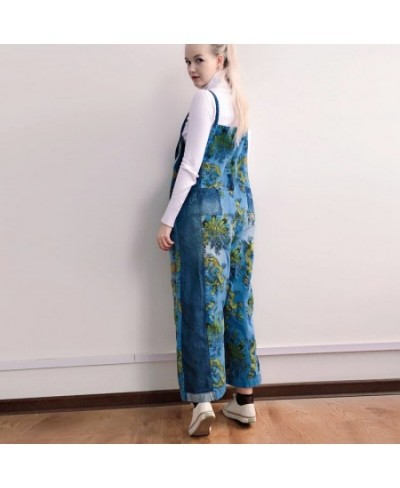 Women Printed Vintage Denim Jumpsuits Ladies Loose Print Spliced Wide Leg Overalls Denim Pants Trousers Female Denim Rompers ...