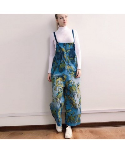 Women Printed Vintage Denim Jumpsuits Ladies Loose Print Spliced Wide Leg Overalls Denim Pants Trousers Female Denim Rompers ...