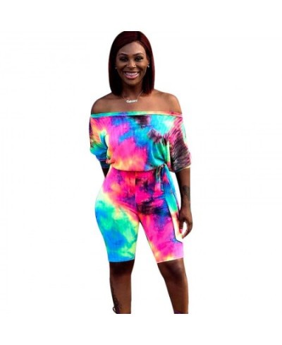 Tie Dye Print Summer Casual Jumpsuit Women Off Shoulder Slash Neck One Piece Romper Sexy Streetwear Beach Playsuit with Sleev...