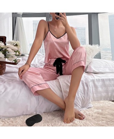 Women's Pajamas Set Casual Ice Silk Home Clothes Sling Pants Eye Mask Nightwear 3-piece Pyjama Femme Home Silk Sleepwear Muje...