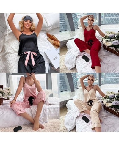 Women's Pajamas Set Casual Ice Silk Home Clothes Sling Pants Eye Mask Nightwear 3-piece Pyjama Femme Home Silk Sleepwear Muje...