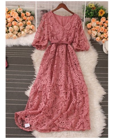 Summer Sexy Dress for Women 2023 New High Waisted V Neck Short Sleeve Hook Flower Hollow Lace Midi Dresses A Line Dress $57.3...