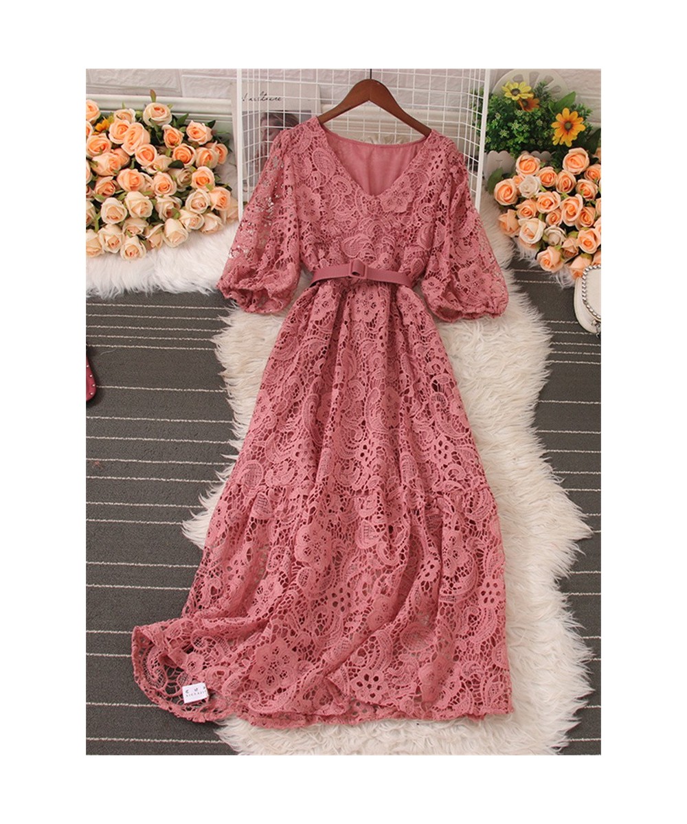 Summer Sexy Dress for Women 2023 New High Waisted V Neck Short Sleeve Hook Flower Hollow Lace Midi Dresses A Line Dress $57.3...