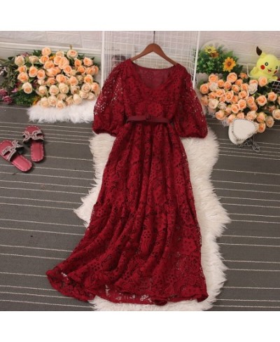 Summer Sexy Dress for Women 2023 New High Waisted V Neck Short Sleeve Hook Flower Hollow Lace Midi Dresses A Line Dress $57.3...