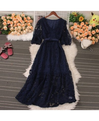 Summer Sexy Dress for Women 2023 New High Waisted V Neck Short Sleeve Hook Flower Hollow Lace Midi Dresses A Line Dress $57.3...