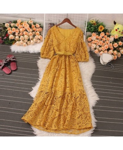 Summer Sexy Dress for Women 2023 New High Waisted V Neck Short Sleeve Hook Flower Hollow Lace Midi Dresses A Line Dress $57.3...