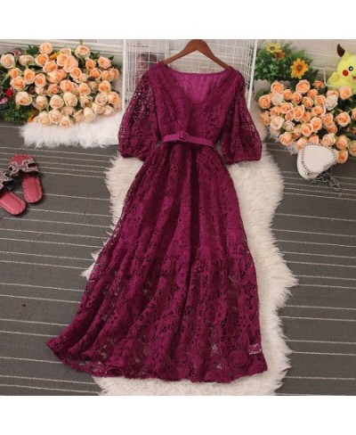 Summer Sexy Dress for Women 2023 New High Waisted V Neck Short Sleeve Hook Flower Hollow Lace Midi Dresses A Line Dress $57.3...