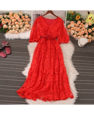 Summer Sexy Dress for Women 2023 New High Waisted V Neck Short Sleeve Hook Flower Hollow Lace Midi Dresses A Line Dress $57.3...