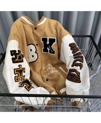 American retro alphabet flocking embroidered Jackets Coats women street hip-hop casual wild baseball uniform couple loose $62...