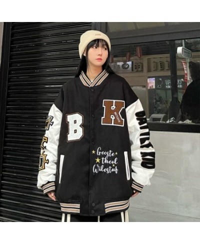 American retro alphabet flocking embroidered Jackets Coats women street hip-hop casual wild baseball uniform couple loose $62...