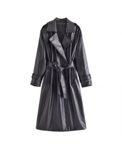 Winter Trench Coat for Women Black Long Leather Trench Coat Single Breasted Casual Women Overcoat Female Windbreak Trench $88...