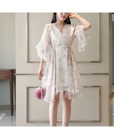 Large size V-neck floral dress female retro summer 2023 style Korean fashion drawstring strap mid-length flared sleeve dress ...