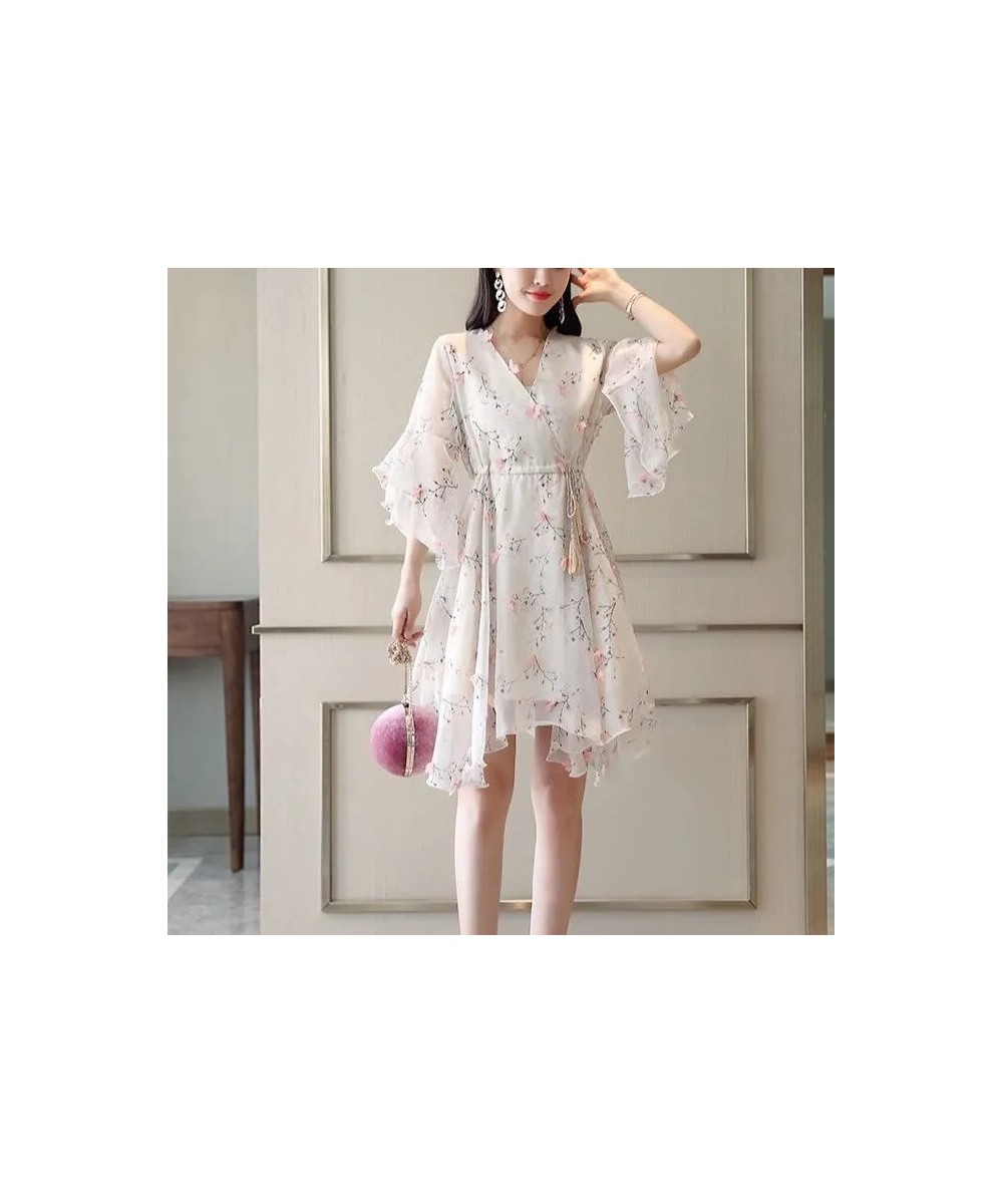 Large size V-neck floral dress female retro summer 2023 style Korean fashion drawstring strap mid-length flared sleeve dress ...