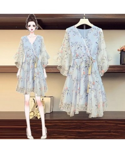 Large size V-neck floral dress female retro summer 2023 style Korean fashion drawstring strap mid-length flared sleeve dress ...