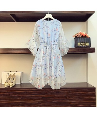 Large size V-neck floral dress female retro summer 2023 style Korean fashion drawstring strap mid-length flared sleeve dress ...