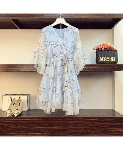 Large size V-neck floral dress female retro summer 2023 style Korean fashion drawstring strap mid-length flared sleeve dress ...