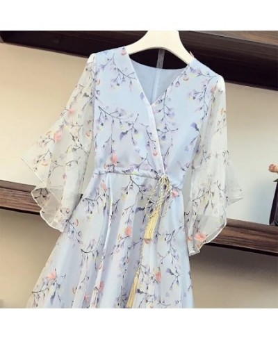 Large size V-neck floral dress female retro summer 2023 style Korean fashion drawstring strap mid-length flared sleeve dress ...