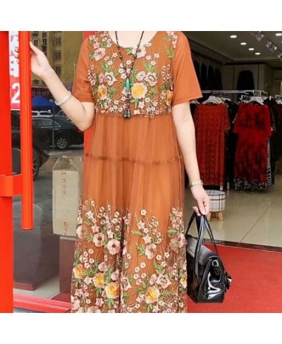 2023 Elegant Round Neck Midi Dress Casual Summer Plant Flowers Embroidery Women's Clothing Short Sleeve A-Line Spliced Dresse...