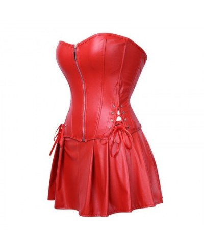 S-6XL Sexy Overbust Faux Leather Corset Dress Slimming Body Shapewear Zip Up Women Corsets & Bustiers Top With Mini Skirt $40...