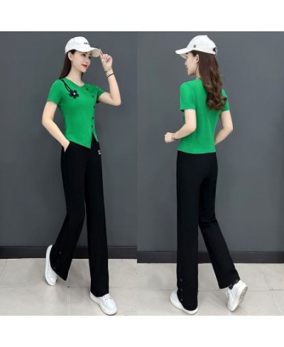 Fashion Flower Tracksuit 2 Piece Set Women Outfits Casual Irregular Short Sleeve T-Shirt & Wide Leg Pant Suit Summer Sweatsui...