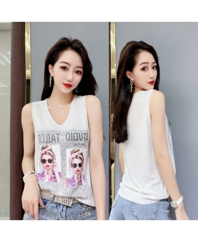 Rhinestone Bright Silk Sleeveless Vest Women's Spring/Summer New Style V-neck Loose All-match Sling Knitted Top T-shirt $24.3...