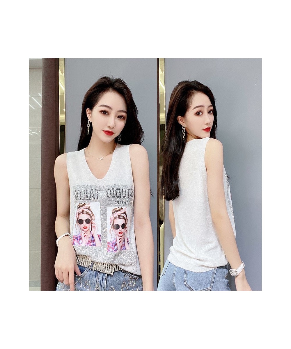 Rhinestone Bright Silk Sleeveless Vest Women's Spring/Summer New Style V-neck Loose All-match Sling Knitted Top T-shirt $24.3...